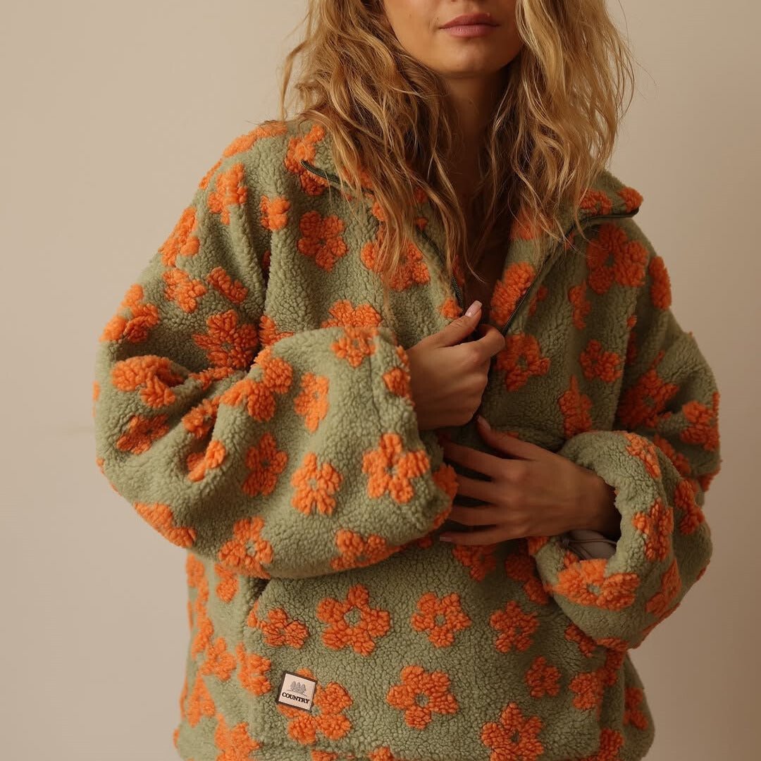 Erica | Womens Floral Teddy Fleece Jacket with Half Zip | Oversized Fit, Daisy Print | Yellow, Pink and More S-3XL