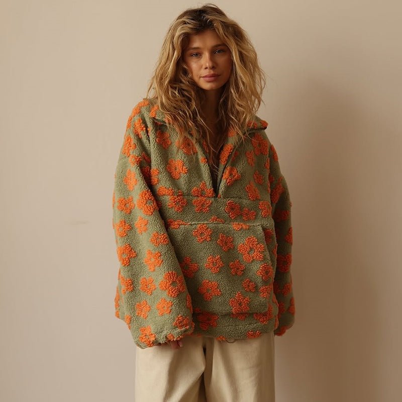 Erica | Womens Floral Teddy Fleece Jacket with Half Zip | Oversized Fit, Daisy Print | Yellow, Pink and More S-3XL