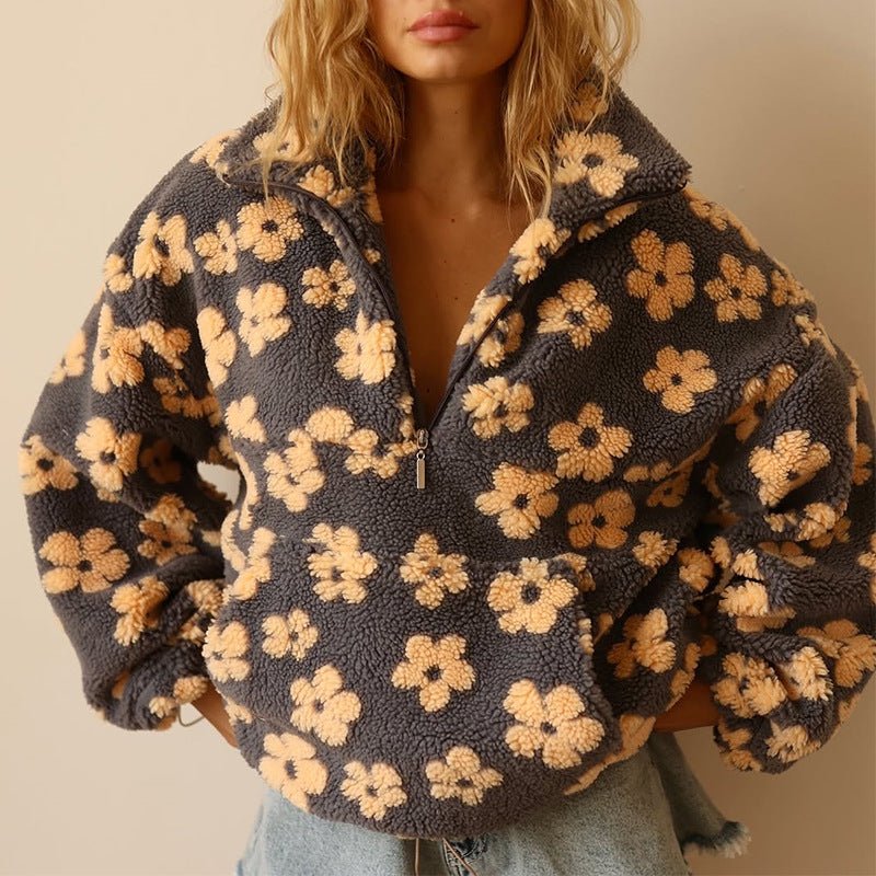Erica | Womens Floral Teddy Fleece Jacket with Half Zip | Oversized Fit, Daisy Print | Yellow, Pink and More S-3XL