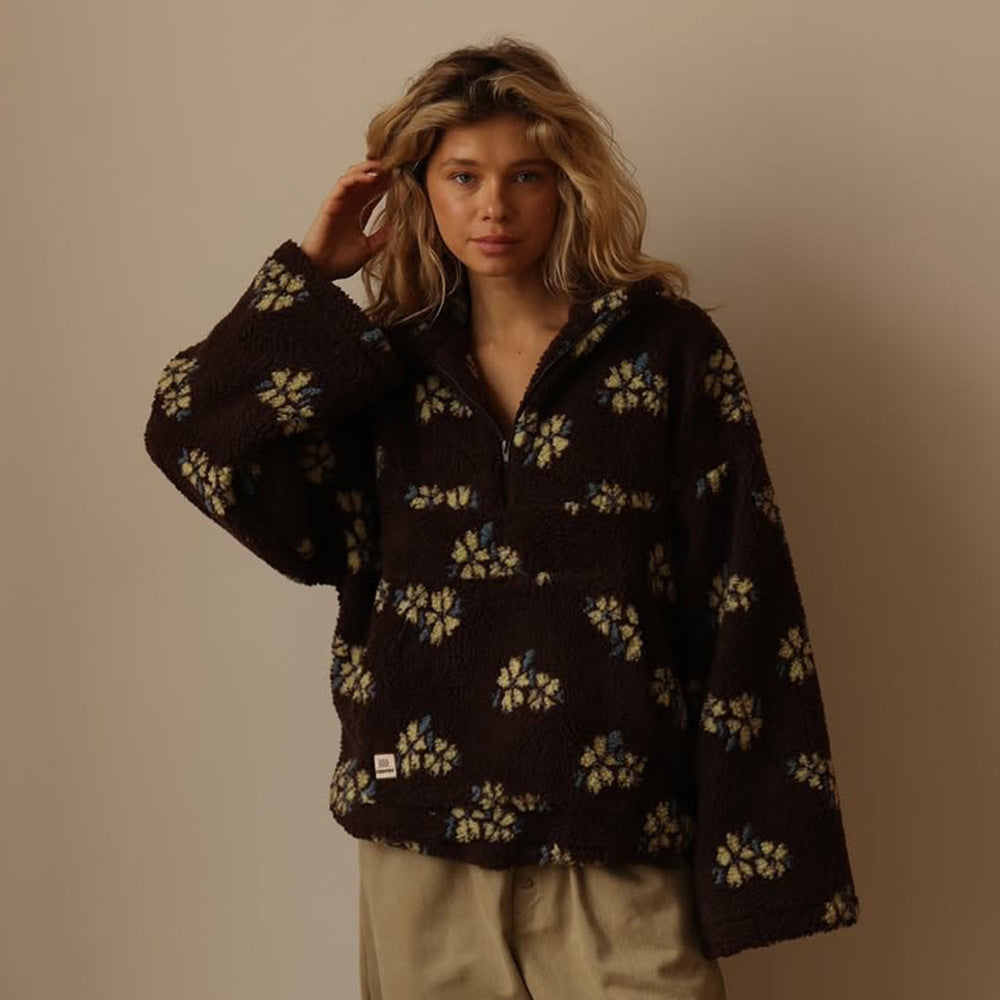 Erica | Womens Floral Teddy Fleece Jacket with Half Zip | Oversized Fit, Daisy Print | Yellow, Pink and More S-3XL