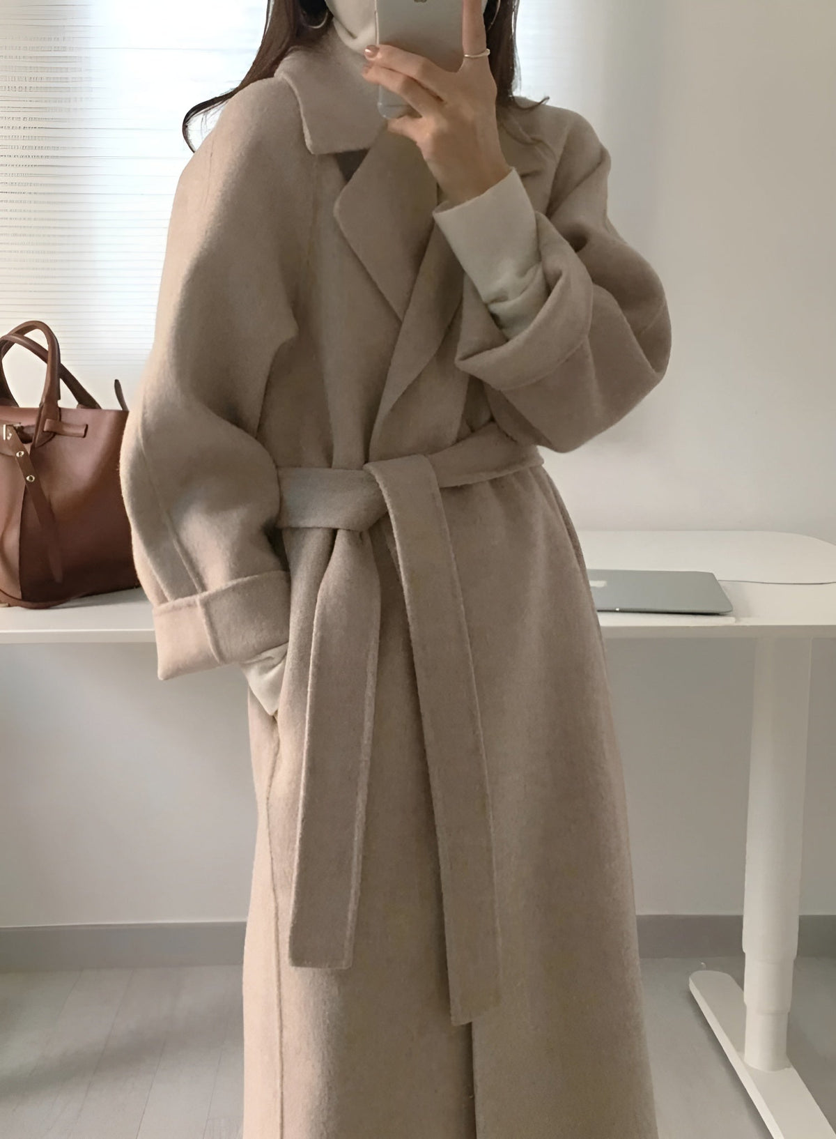 Women's Long Wrap Coat, Wide Lapels, Tie Belt, Long Sleeves