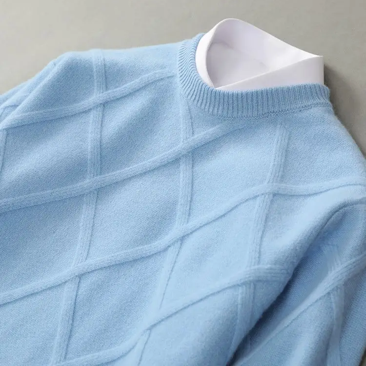 Erik | Mens Cashmere Blend Sweater with Argyle Knit | Crew Neck, Ribbed Cuffs and Hem | Blue, Beige, Gray and More S-XXL