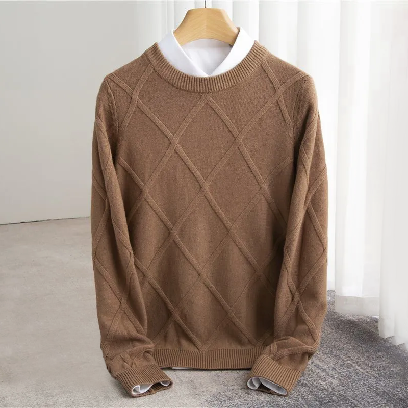 Erik | Mens Cashmere Blend Sweater with Argyle Knit | Crew Neck, Ribbed Cuffs and Hem | Blue, Beige, Gray and More S-XXL