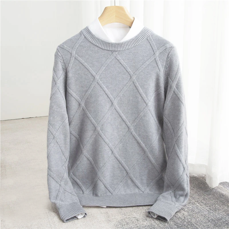 Erik | Mens Cashmere Blend Sweater with Argyle Knit | Crew Neck, Ribbed Cuffs and Hem | Blue, Beige, Gray and More S-XXL