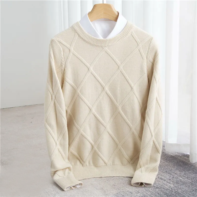 Erik | Mens Cashmere Blend Sweater with Argyle Knit | Crew Neck, Ribbed Cuffs and Hem | Blue, Beige, Gray and More S-XXL