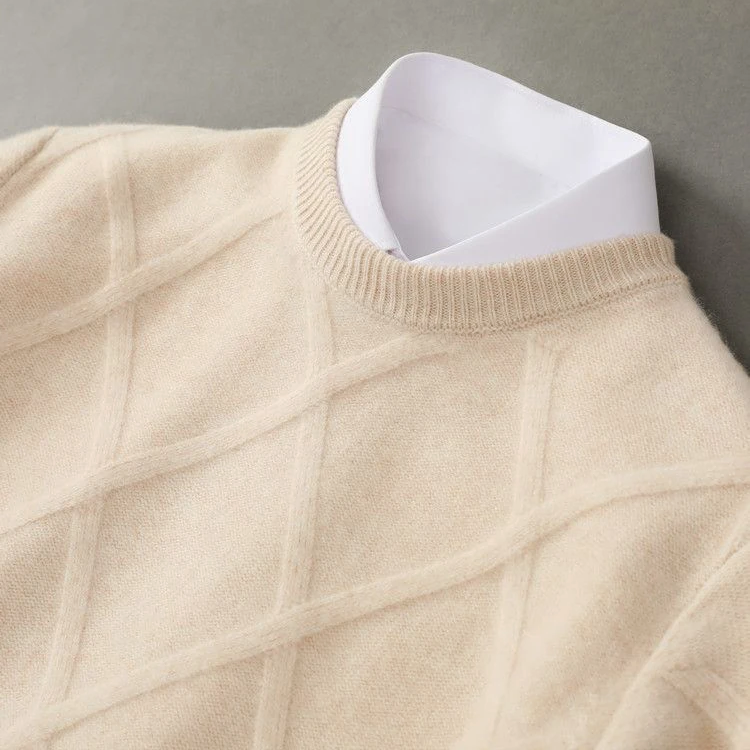 Erik | Mens Cashmere Blend Sweater with Argyle Knit | Crew Neck, Ribbed Cuffs and Hem | Blue, Beige, Gray and More S-XXL