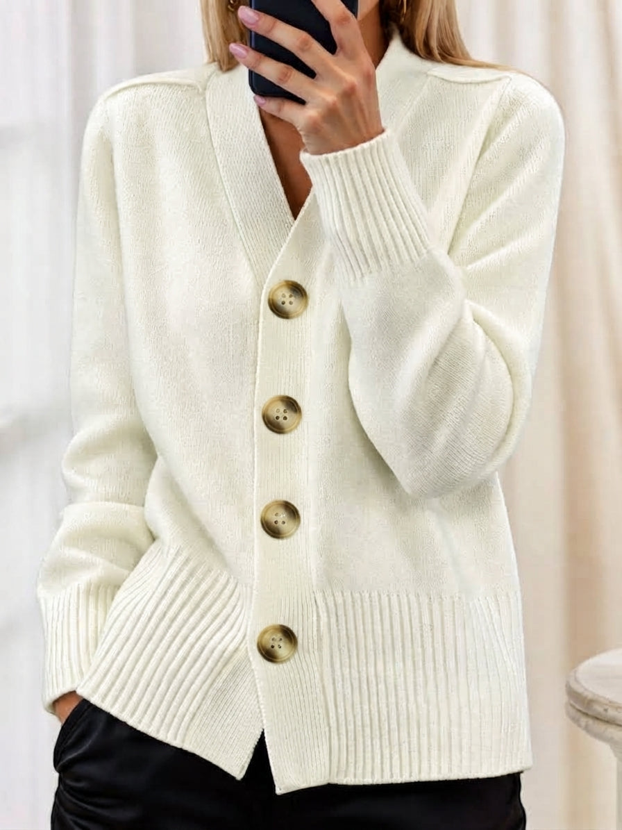 Women's V-Neck Button Cardigan, Long Sleeves, Ribbed Trim