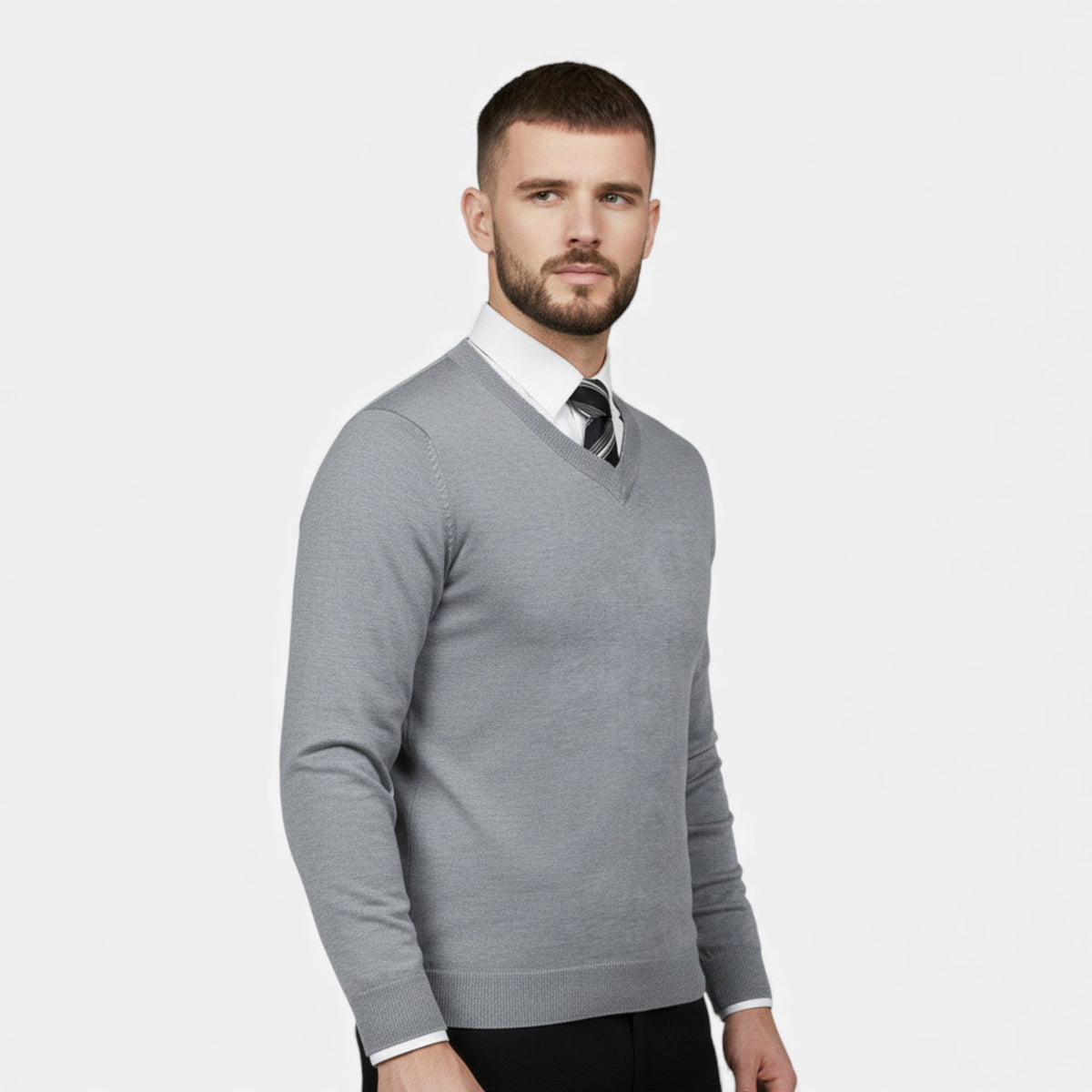 Men's V-Neck Knit Sweater, Long Sleeves, Ribbed Trims