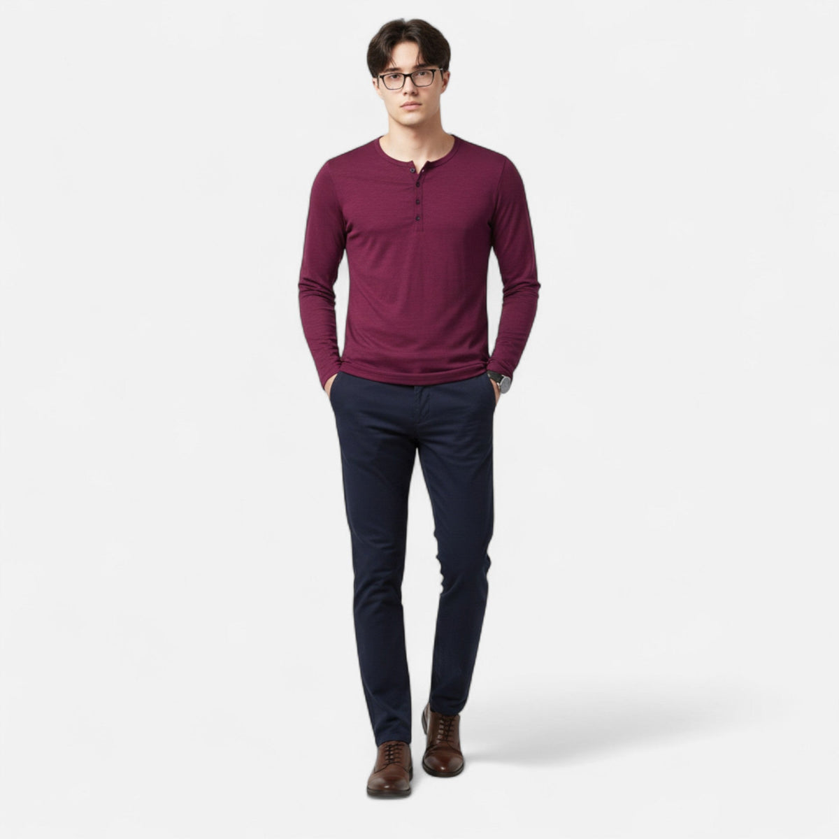 Men's Long Sleeve Henley Shirt, Slim Fit, Button Placket