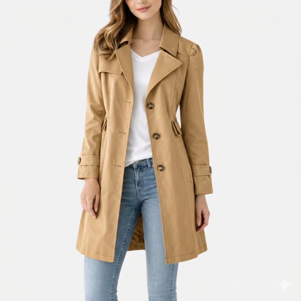 Women's Trench Coat, Notched Lapels, Long Sleeves, Button Front