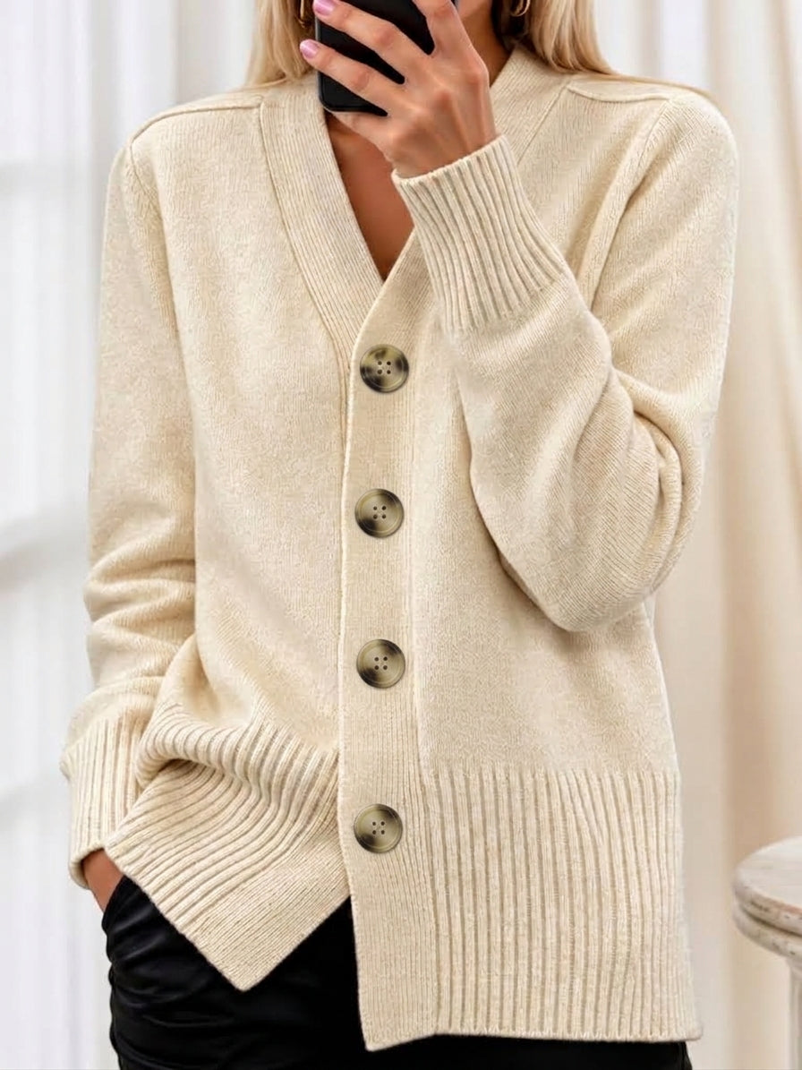 Women's V-Neck Button Cardigan, Long Sleeves, Ribbed Trim