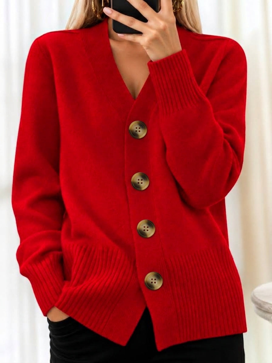Women's V-Neck Button Cardigan, Long Sleeves, Ribbed Trim