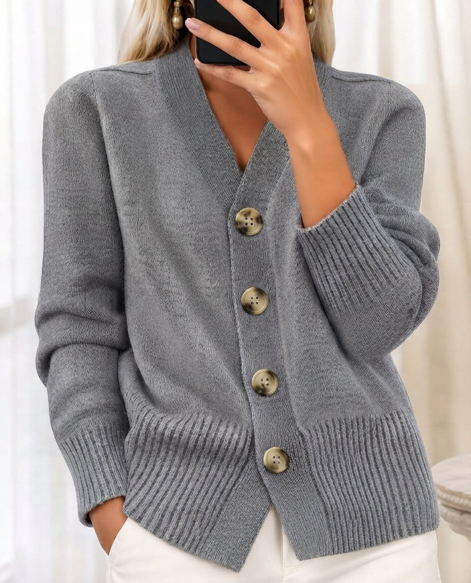 Women's V-Neck Button Cardigan, Long Sleeves, Ribbed Trim