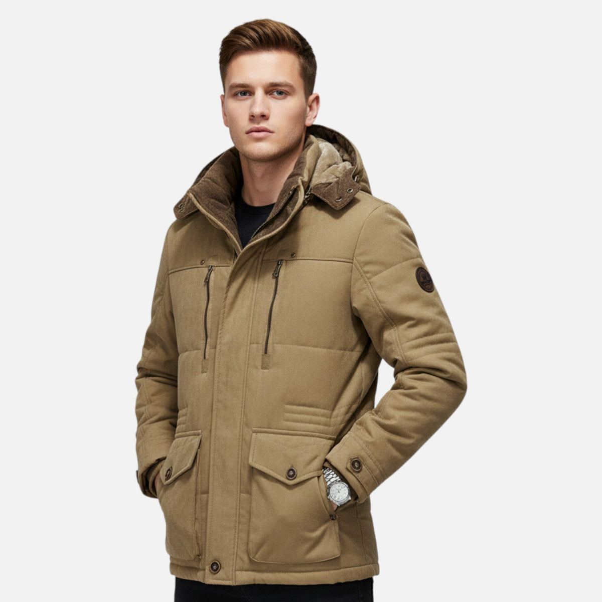 Men's Hooded Quilted Parka Jacket, Long Sleeves, Zip Front