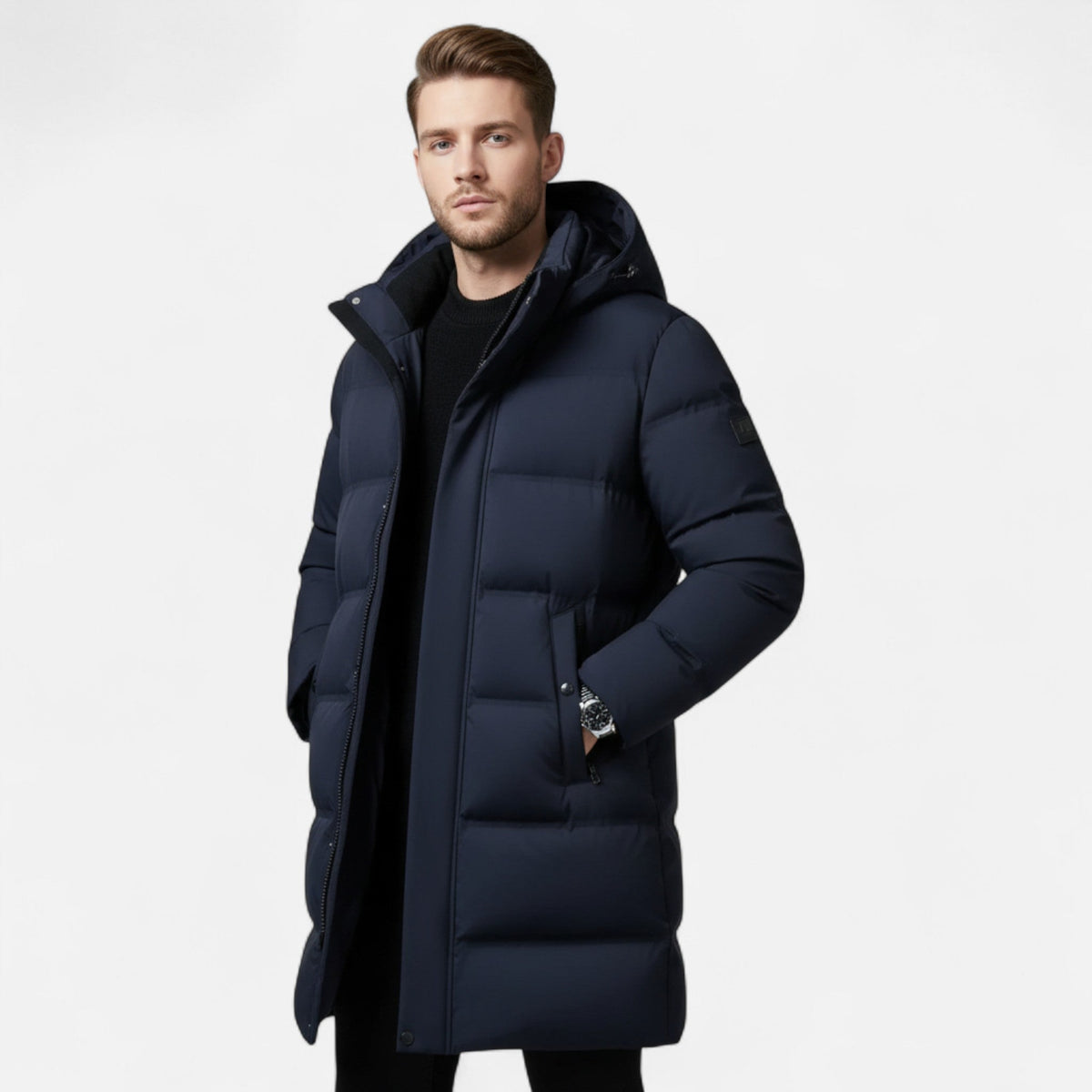 Men's Hooded Quilted Winter Parka, Long Sleeves, Zip Front