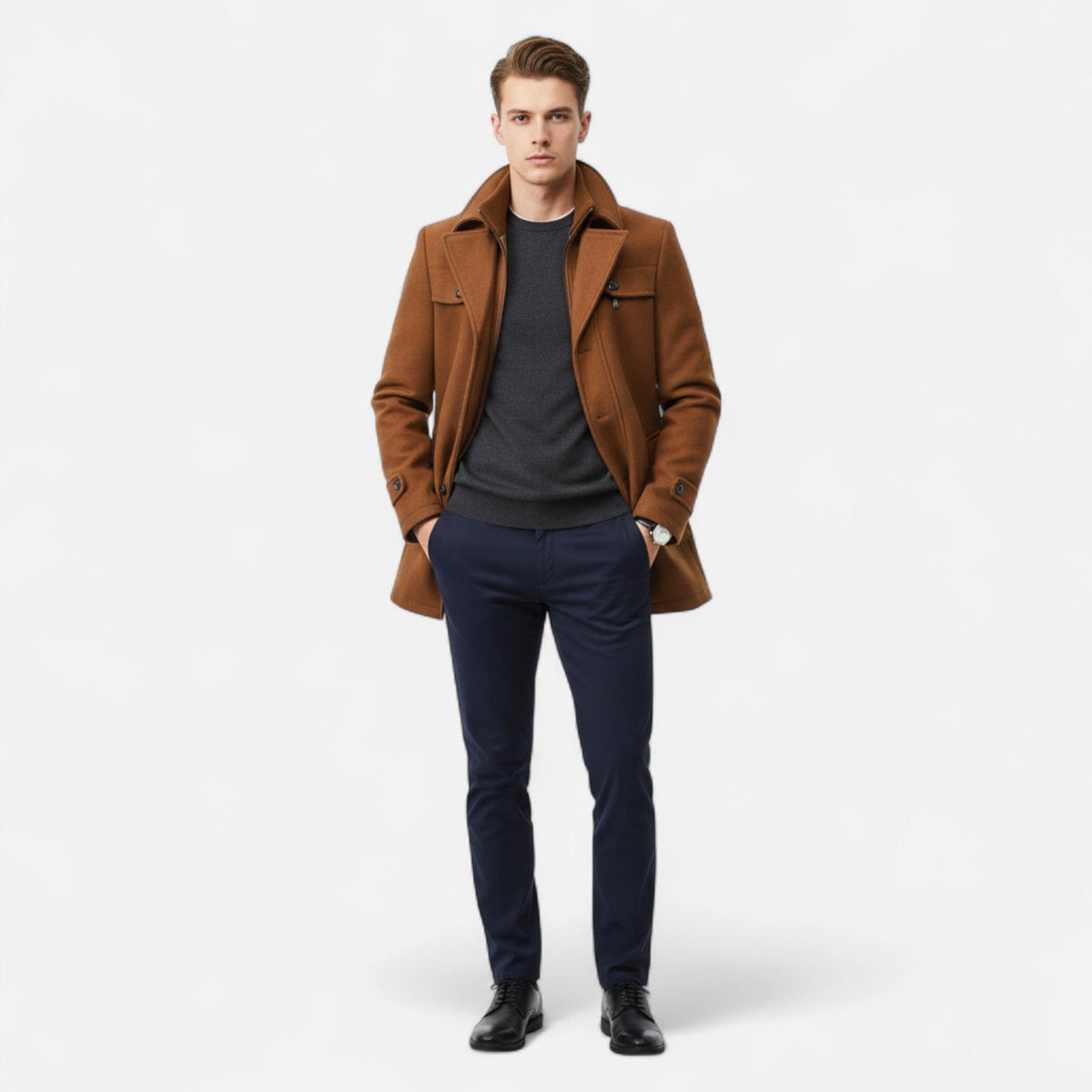 Men's Long Coat, Stand Collar, Zip And Button Front