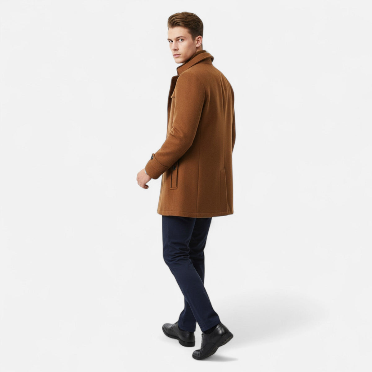 Men's Long Coat, Stand Collar, Zip And Button Front
