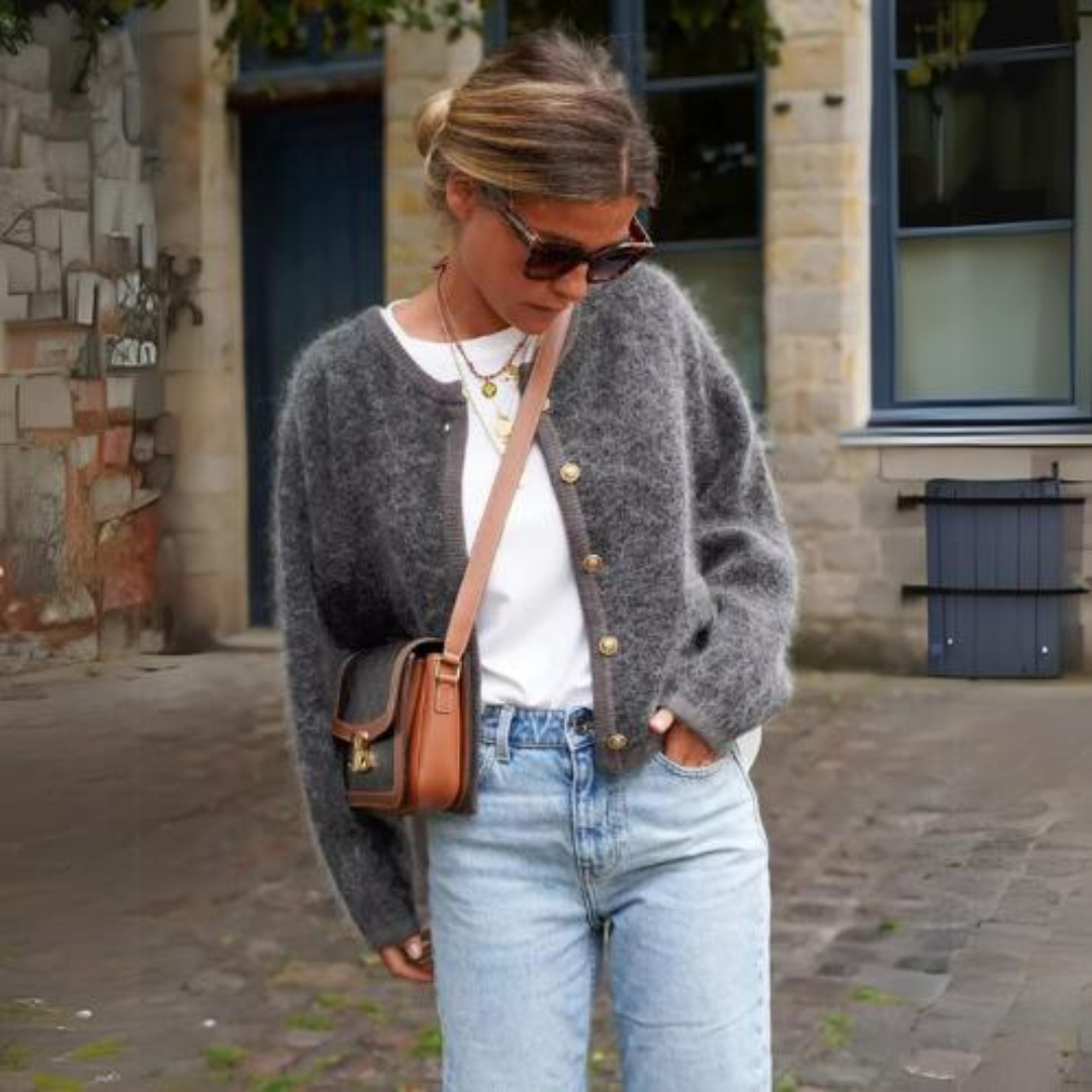 Women's Grey Fuzzy Button-Front Cardigan, Round Neck, Long Sleeves