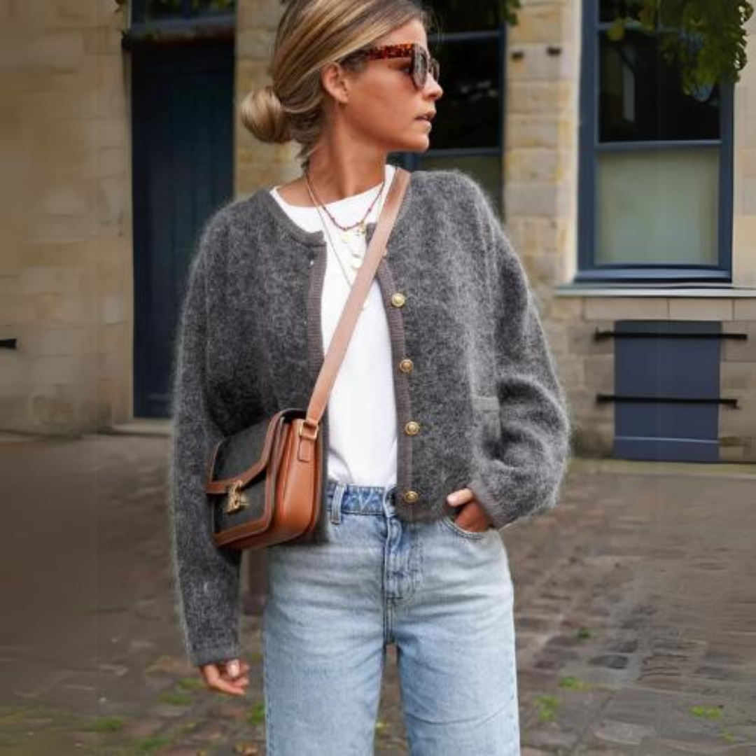 Women's Grey Fuzzy Button-Front Cardigan, Round Neck, Long Sleeves