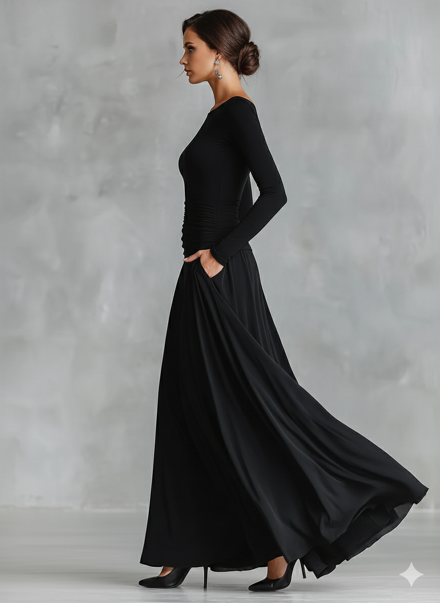 Women's Black Modern Crepe Ruched Boat - Neck Maxi Dress