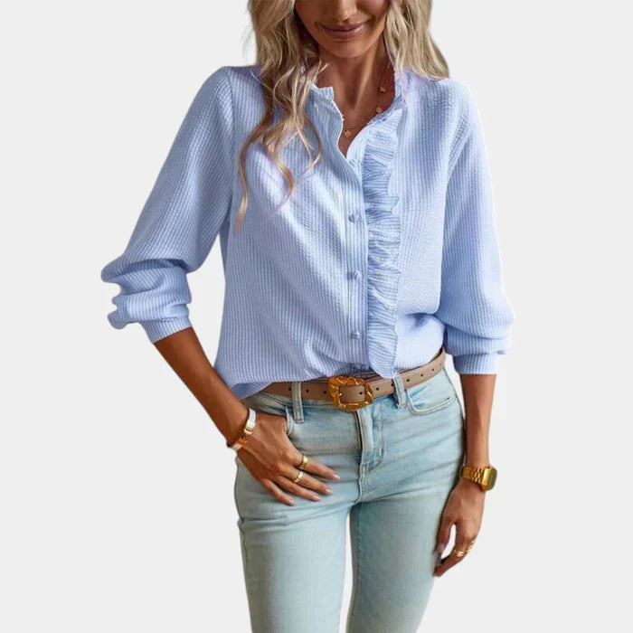 Women's Ruffle Striped Blouse – Button Front Long Sleeve Blouse
