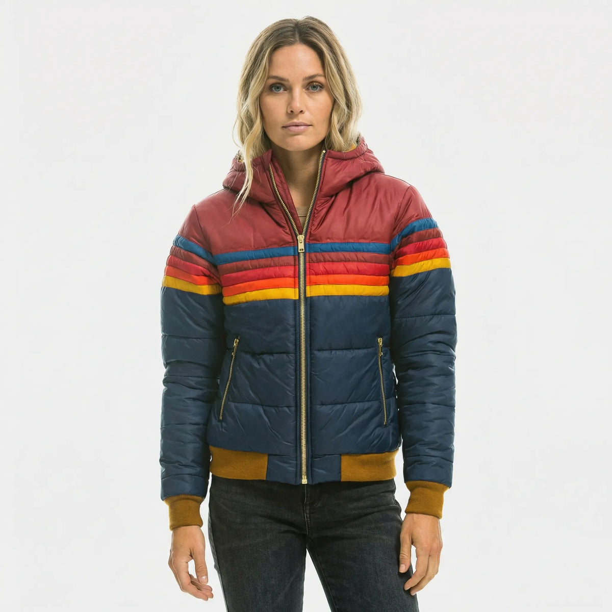 Women's Quilted Puffer Jacket with Colorblock Stripes