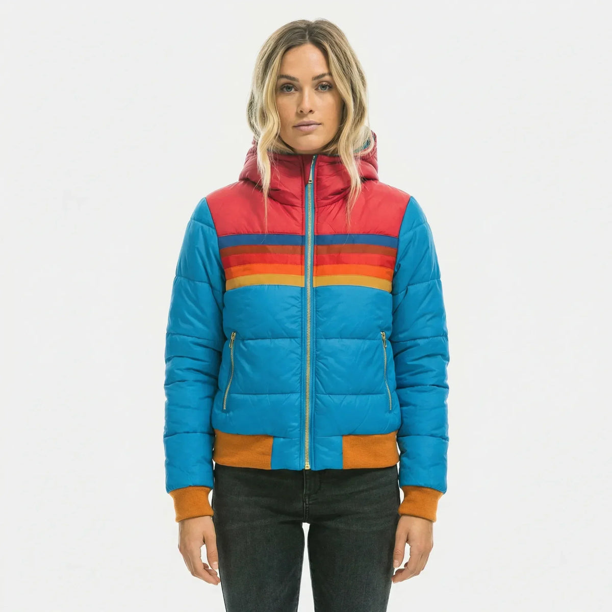 Women's Quilted Puffer Jacket with Colorblock Stripes