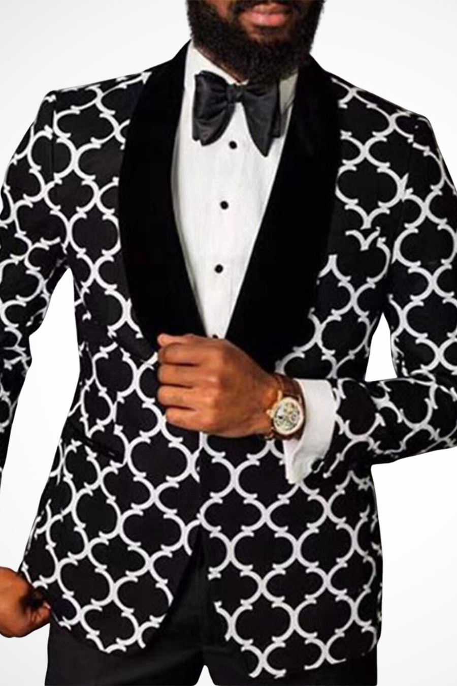 Men's Geometric Pattern Blazer, Shawl Lapels, Long Sleeves