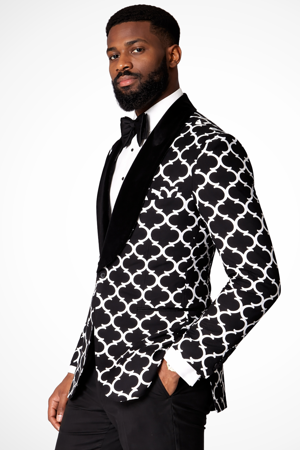 Men's Geometric Pattern Blazer, Shawl Lapels, Long Sleeves