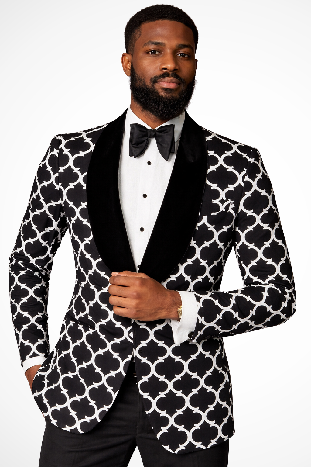 Men's Geometric Pattern Blazer, Shawl Lapels, Long Sleeves