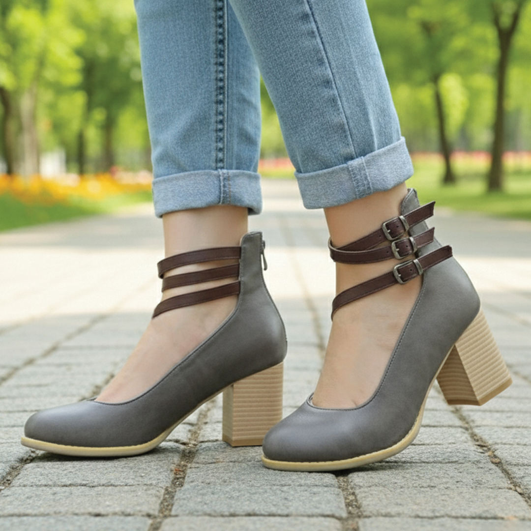 Women's Croc-Embossed Block Heel Pumps with Triple Ankle Straps