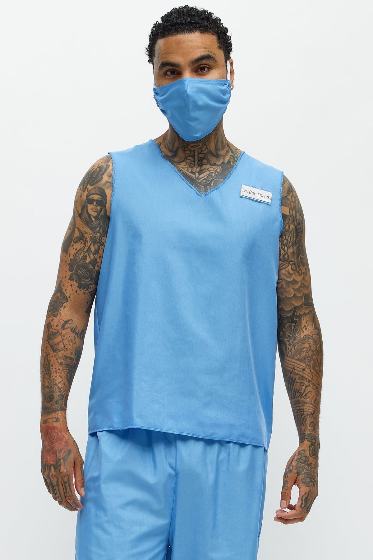 Halloween's Men's Blue Medical Scrub Costume Set with V Neck Top and Pants