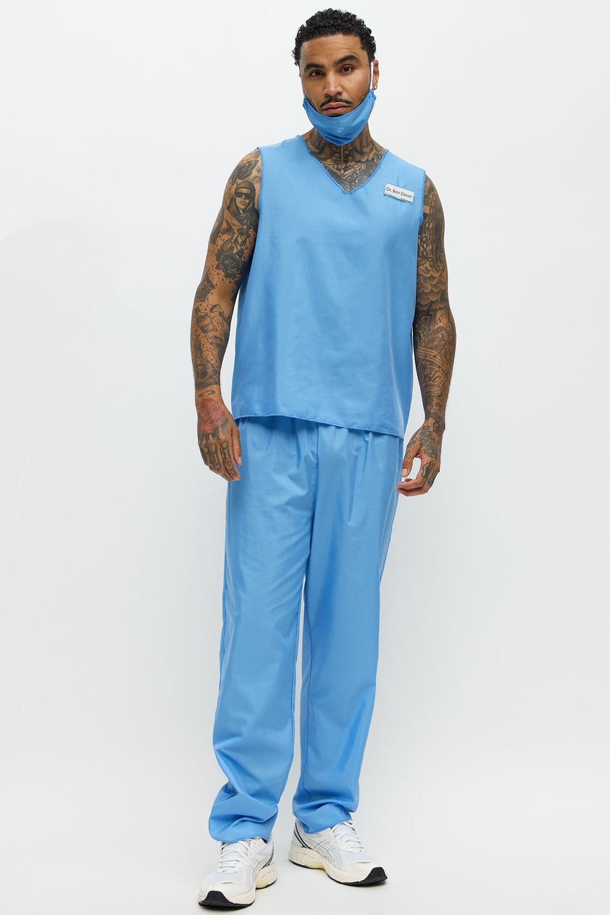 Halloween's Men's Blue Medical Scrub Costume Set with V Neck Top and Pants