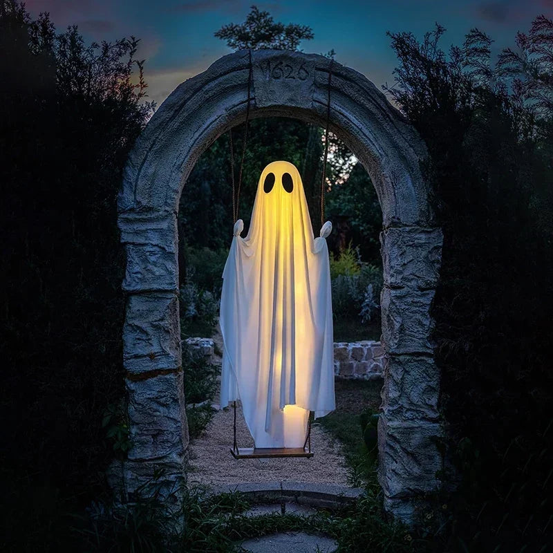 Halloween's Outdoor Ghost Swing with String Lights for Porch Display