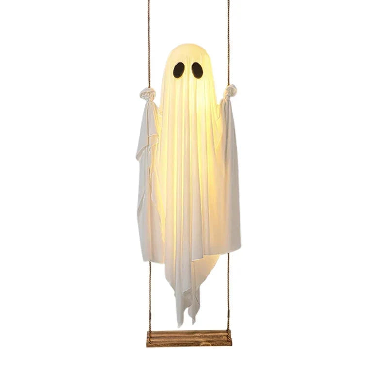 Halloween's Outdoor Ghost Swing with String Lights for Porch Display
