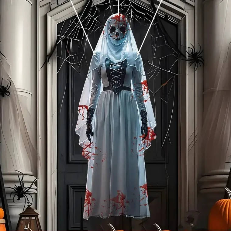Halloween's Skull Bride Hanging Decoration with Weather Resistant Fabric