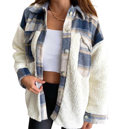Women's Plaid Button-Front Shacket with Sherpa Sleeves