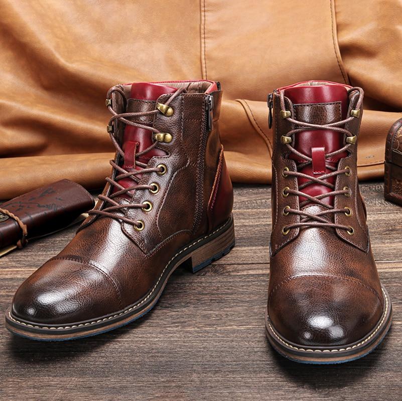 Men's Brown Lace-Up Ankle Boots, Side Zip, Round Toe