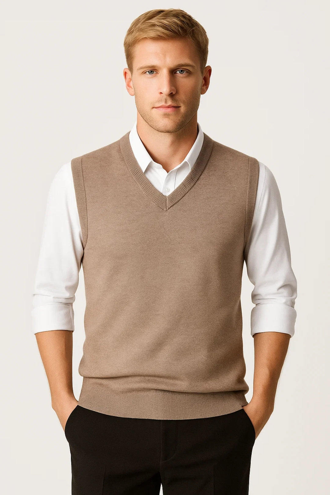 Men's V-Neck Knit Sweater Vest, Ribbed Trims, Regular Fit