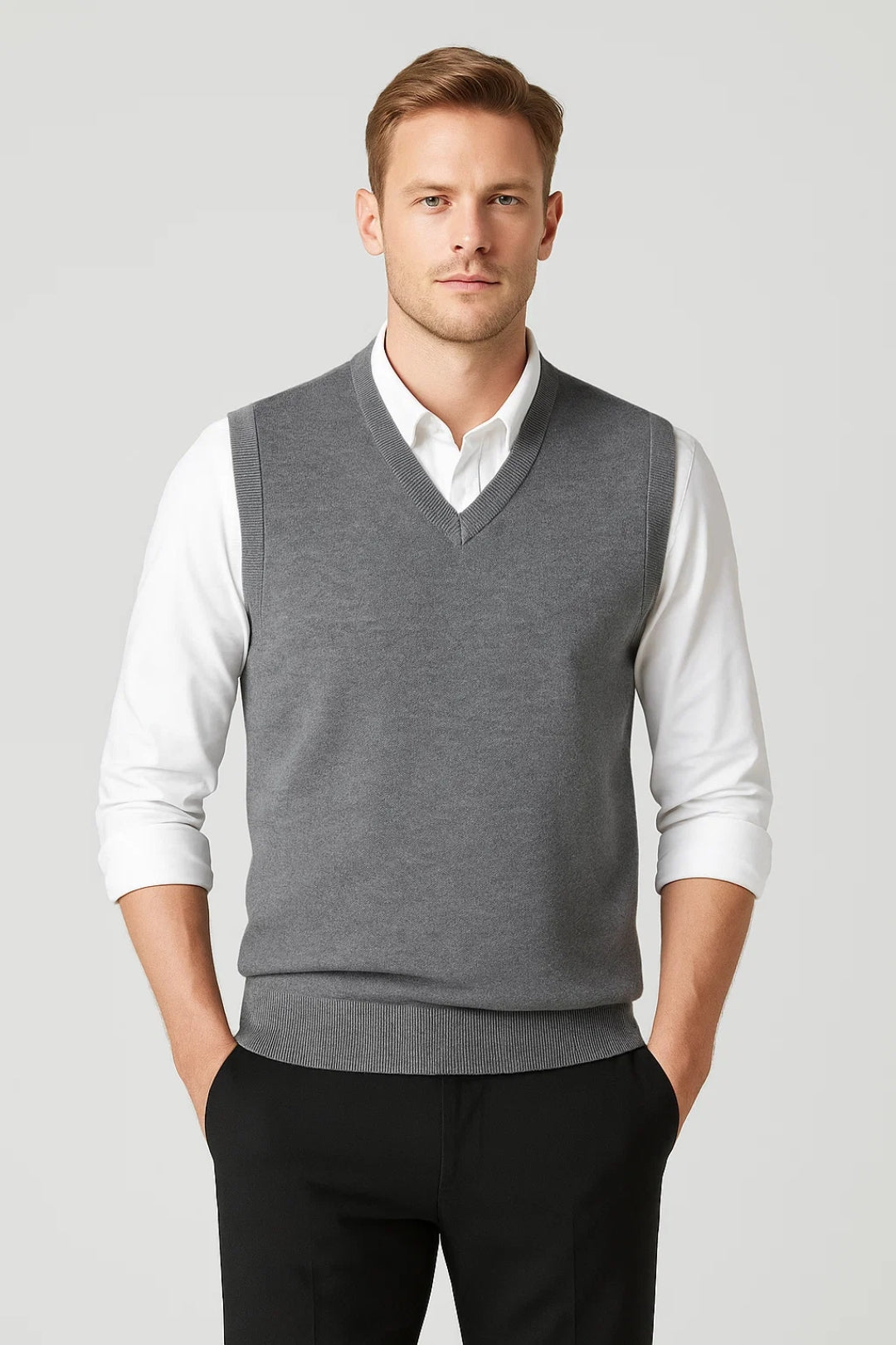 Men's V-Neck Knit Sweater Vest, Ribbed Trims, Regular Fit