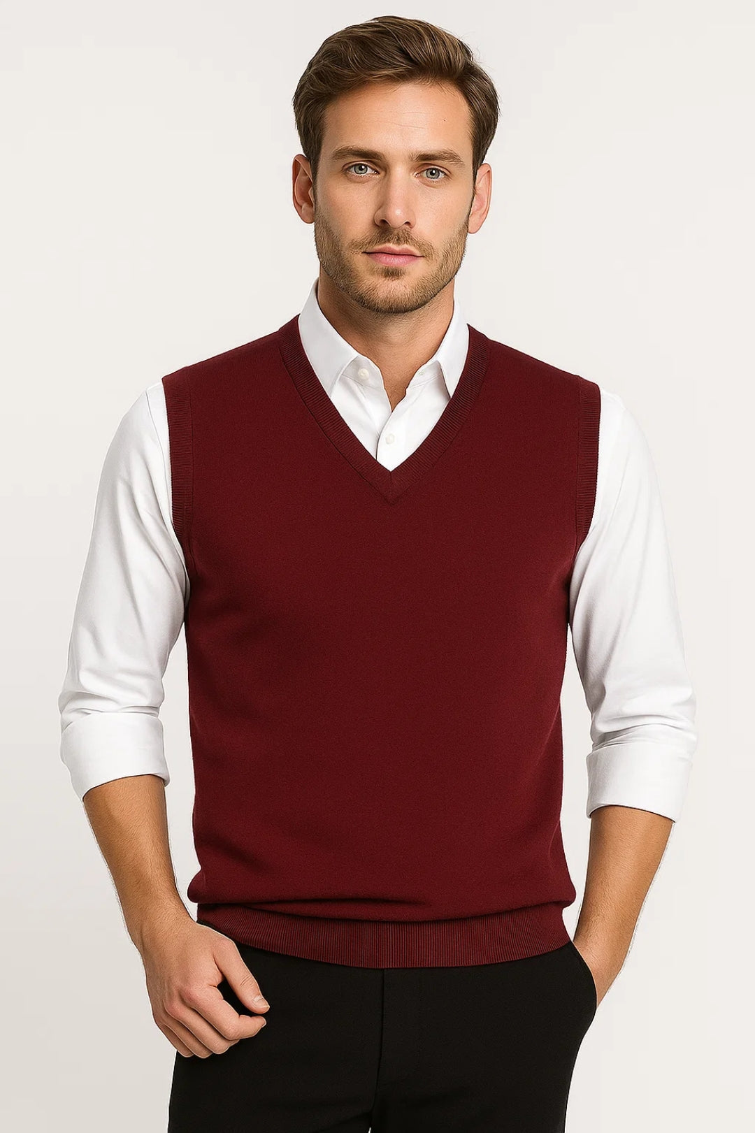 Men's V-Neck Knit Sweater Vest, Ribbed Trims, Regular Fit