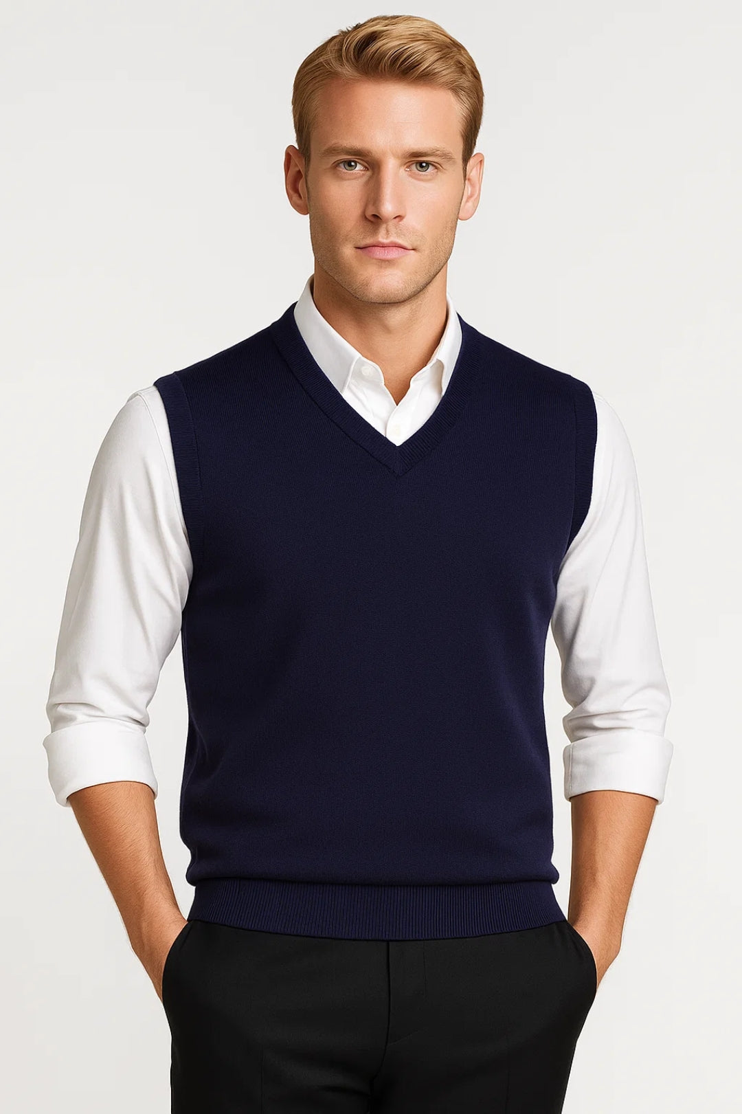 Men's V-Neck Knit Sweater Vest, Ribbed Trims, Regular Fit