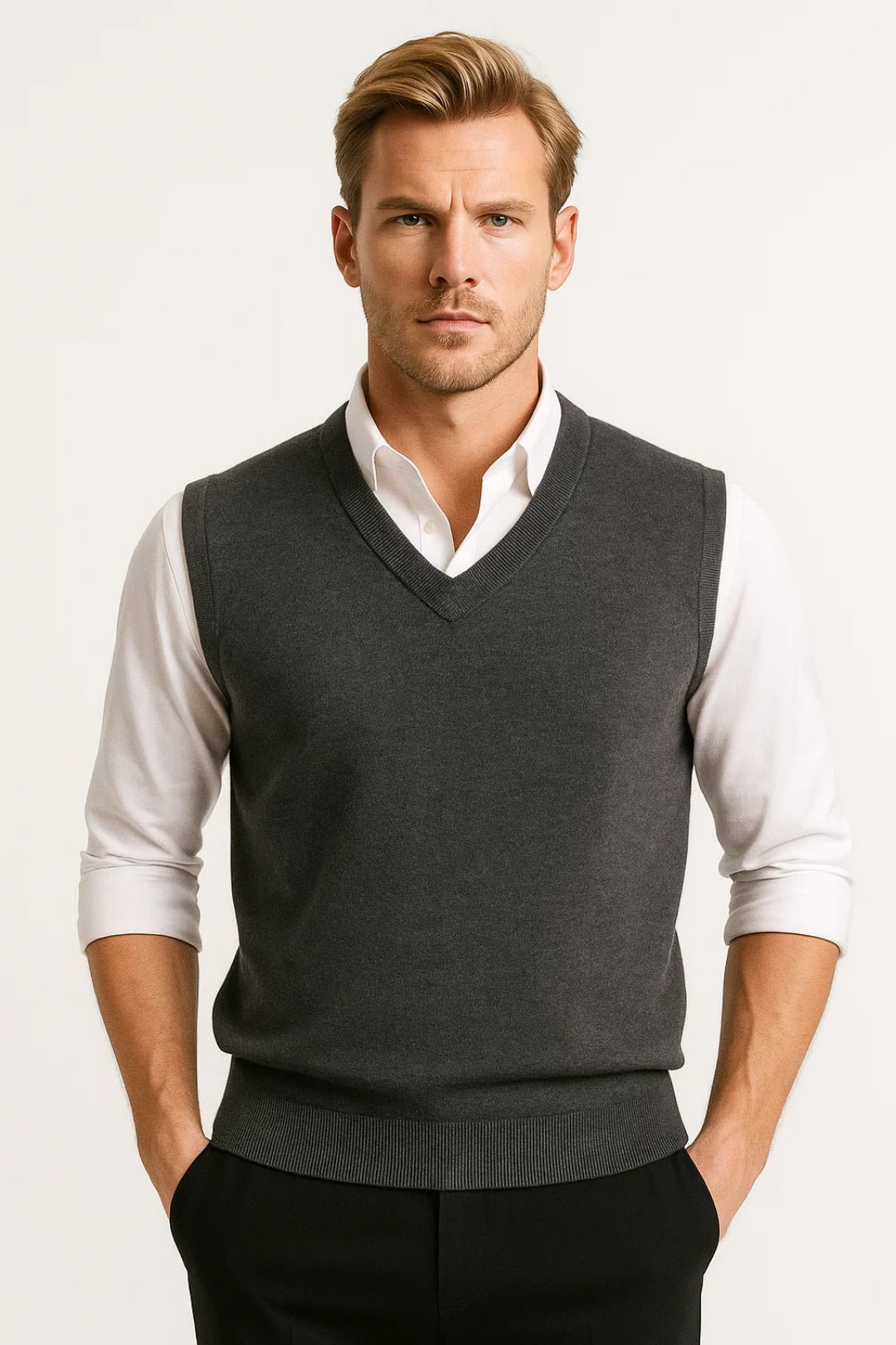 Men's V-Neck Knit Sweater Vest, Ribbed Trims, Regular Fit