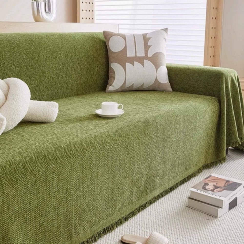Herringbone Weave Sofa Throw Blanket with Fringed Edges