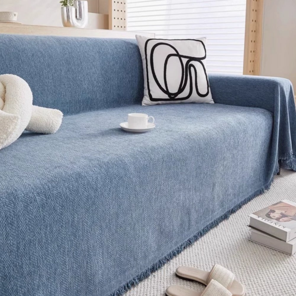Herringbone Weave Sofa Throw Blanket with Fringed Edges
