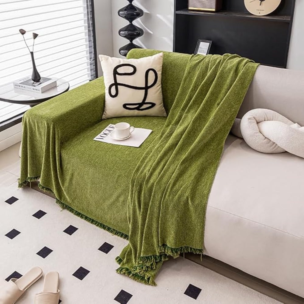 Herringbone Weave Sofa Throw Blanket with Fringed Edges