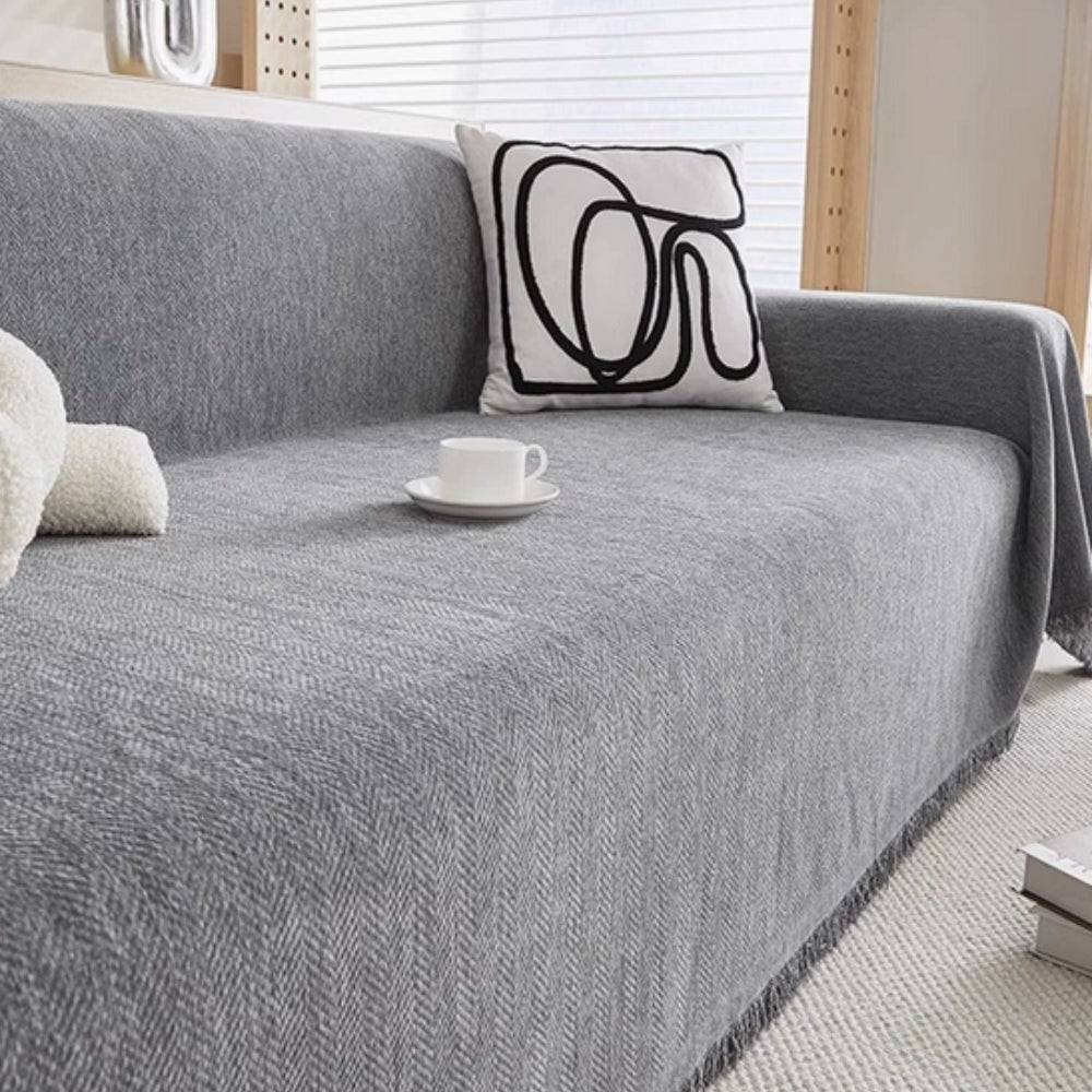 Herringbone Weave Throw Blanket with Fringed Edges for Sofa