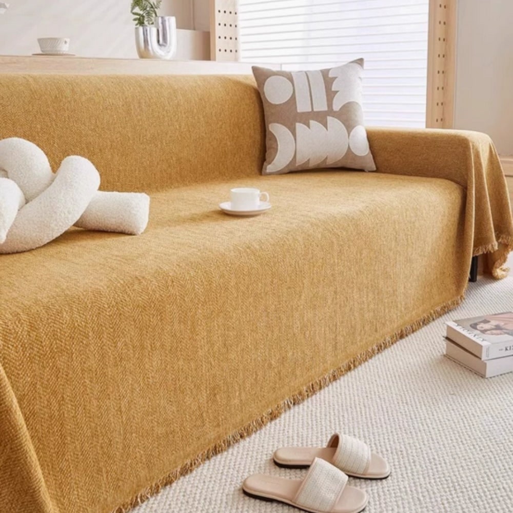 Herringbone Weave Throw Blanket with Fringed Edges for Sofa