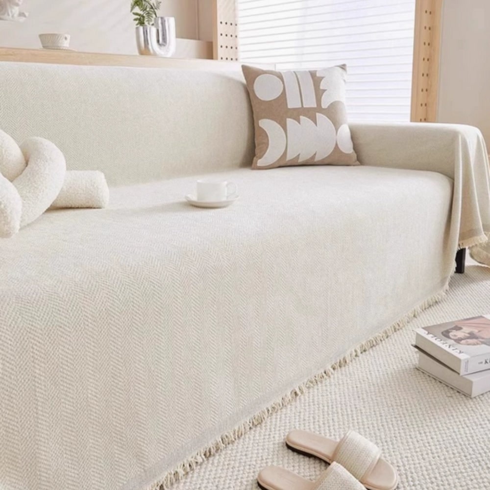 Herringbone Weave Throw Blanket with Fringed Edges for Sofa