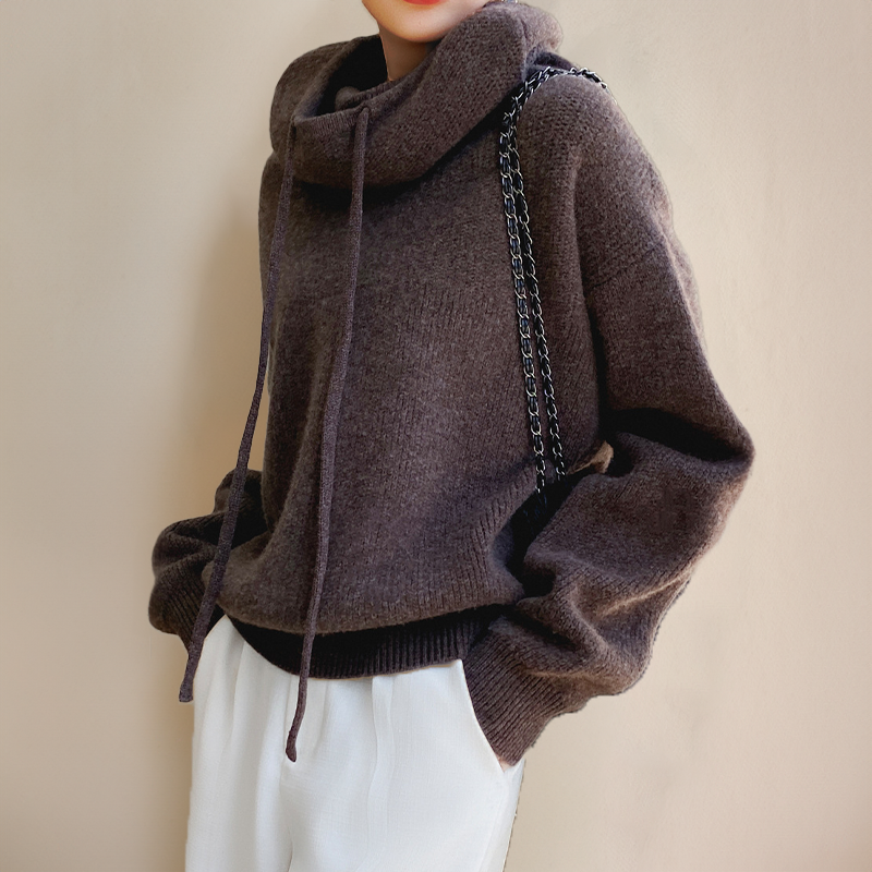 Paige | Womens Knit Cowl Neck Hoodie | Relaxed Fit, Funnel Neck, Drawstring Detail | Green and Gray Sizes S-2XL